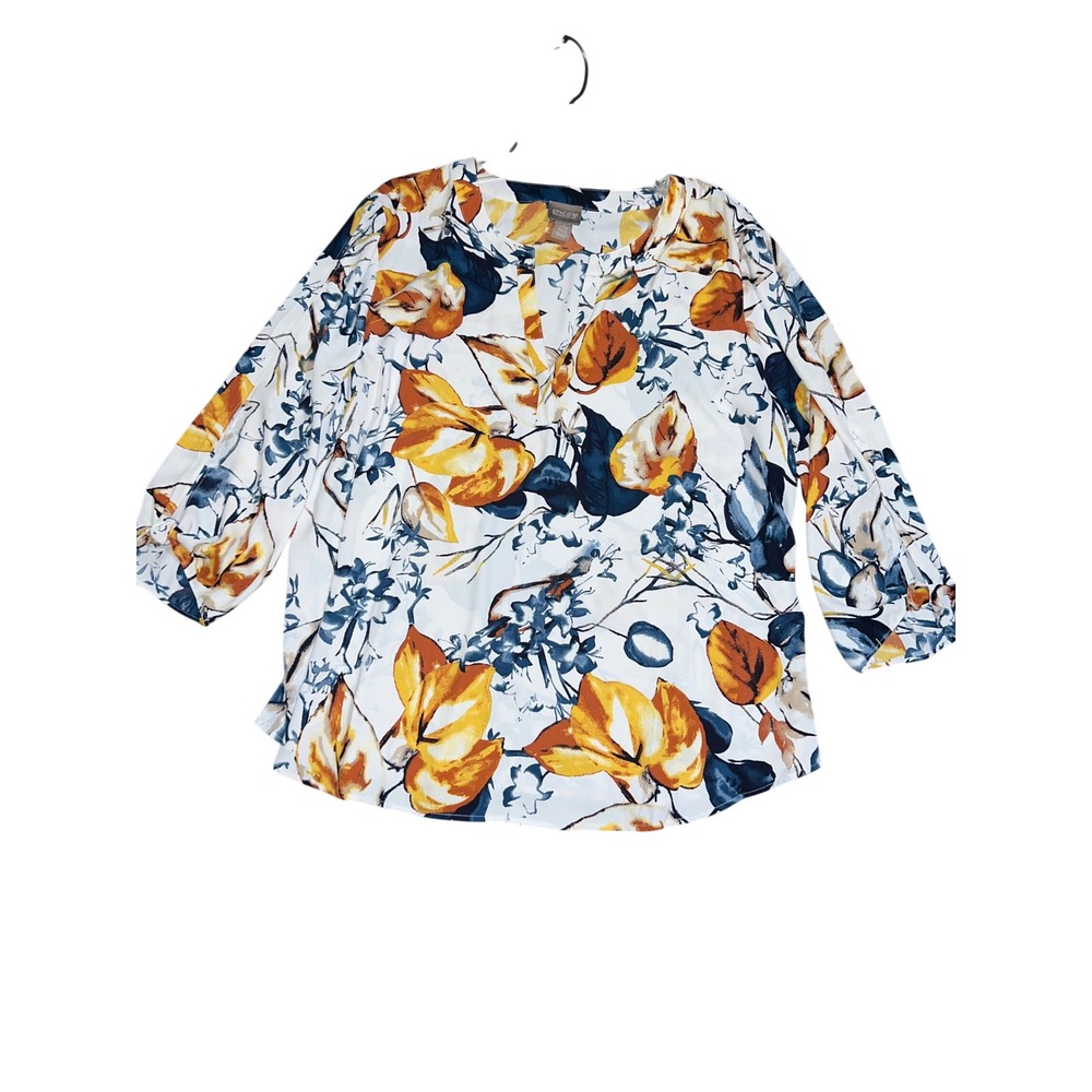 Chicos Womens Size 3 XLarge Floral Split Neck 3/4 Sleeve Blouse White Gold Navy - Picture 6 of 9